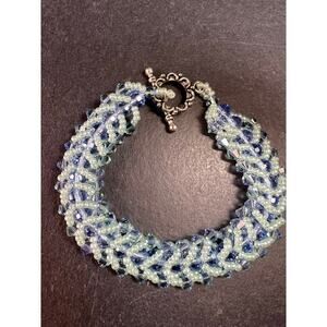 Vintage Blue & Green Crystal Beaded Chevron Braid Toggle Bracelet Y2K